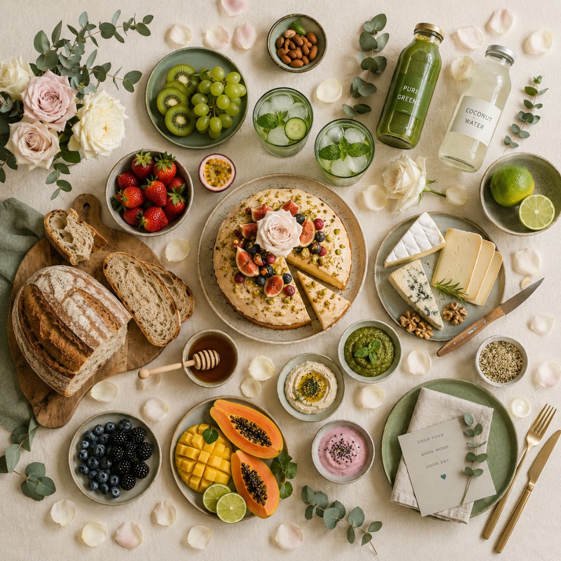 Mesa posta Flow: sucos naturais, pães artesanais, frutas, queijos e bolo caseiro
