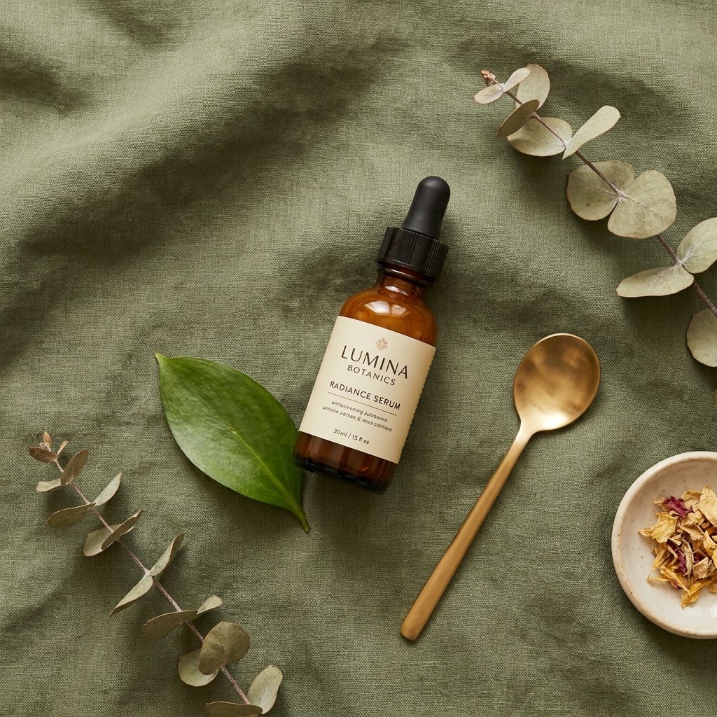 Composição de skincare sobre linho verde musgo com frasco âmbar e folhagem