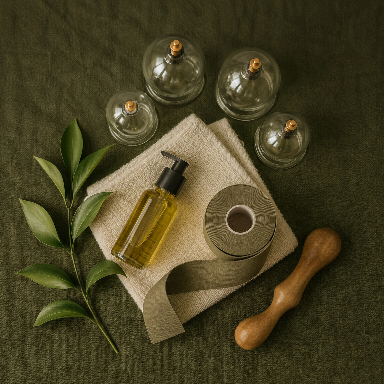 Ventosas, óleo, bandagem e martelete de madeira sobre linho verde — recursos de fisioterapia