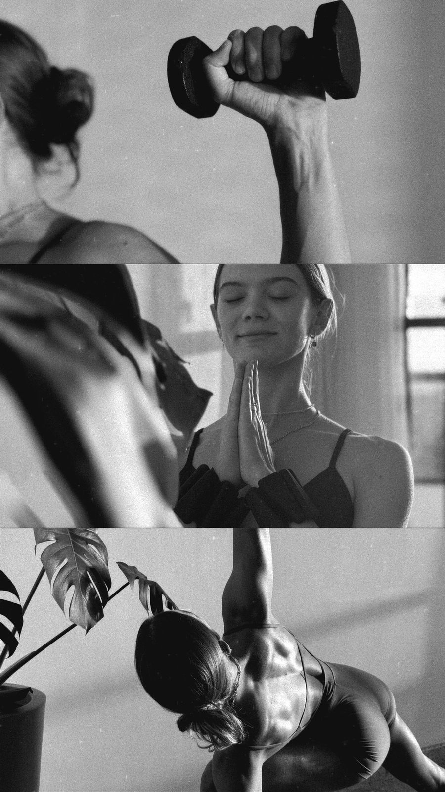 Tríptico em preto e branco: halter, meditação e plank
